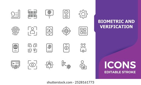 Conjunto de ícones biométricos e de verificação. Como autenticação, verificação e varredura de identidade. Traçado editável minimalista.