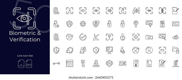 Conjunto de iconos editables de línea biométrica y de verificación. Ilustración vectorial en estilo de línea delgada moderna de iconos biométricos y de verificación: huella digital, identidad, seguridad, etc