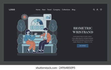 Biometric Wristband concept. Two individuals comparing health data on wearable tech amidst nature. Personal wellness tracking and modern lifestyle. Vector illustration.