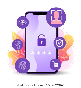 Biometrical identification. Facial recognition system concept. Mobile app for face recognition. Asian woman. Vector illustration.