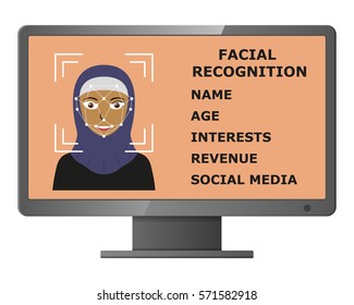 Biometrical identification. Facial recognition system concept. Face recognition program on monitor. Arab woman. Vector illustration.