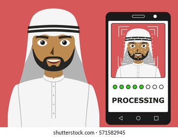 Biometrical identification. Facial recognition system concept. Mobile app for face recognition. Arab man. Vector illustration