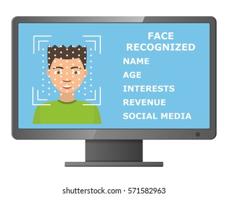 Biometrical identification. Facial recognition system concept. Face recognition program on monitor. Asian man. Vector illustration