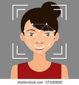 Biometrical identification. Facial recognition system concept. Asian woman. Vector illustration