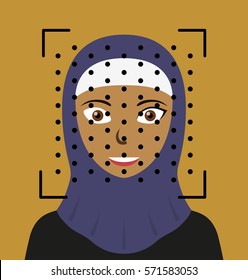 Biometrical identification. Facial recognition system concept. Arab woman. Vector illustration