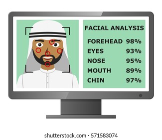 Biometrical identification. Facial recognition system concept. Face recognition program on monitor. Arab man. Vector illustration