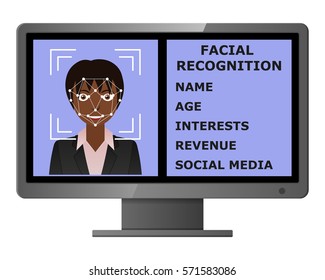 Biometrical identification. Facial recognition system concept. Face recognition program on monitor. African american woman. Vector illustration