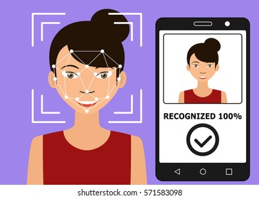 Biometrical identification. Facial recognition system concept. Mobile app for face recognition. Asian woman. Vector illustration