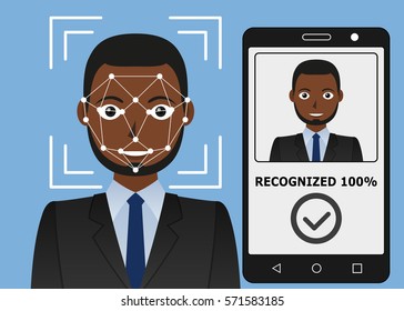 Biometrical identification. Facial recognition system concept. Mobile app for face recognition. African american man. Vector illustration