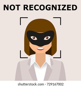 Biometrical identification. Facial recognition system concept. Recognition regection problem. Face with mask. Vector illustration