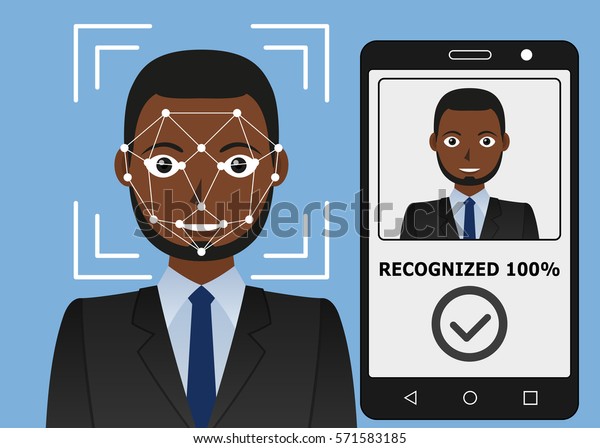 生体認証 顔認識システムのコンセプト 顔認識用モバイルアプリ アフリカ系アメリカ人の男性 ベクターイラスト のベクター画像素材 ロイヤリティフリー