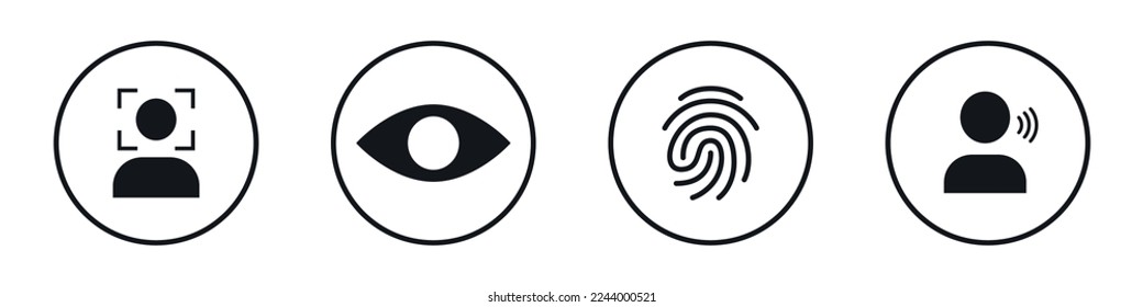  Biometrics authentication icons. Face, eye, fingerprint and voice recognition. Vector illustration