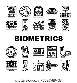 biometrics autenticação digitalizar ícones definir vetor. identificação, impressão digital iris, retina voz, rosto, segurança de reconhecimento, privacidade biometrics autenticação digitalização preto contorno ilustrações