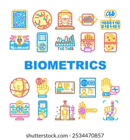 Vector Identificación, iris de huellas dactilares, retina, voz, cara, seguridad de reconocimiento, autenticación biométrica de privacidad Línea de color de escaneo Ilustraciones