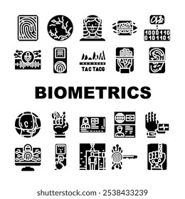 biometrics authentication scan icons set vector. identification, fingerprint iris, retina voice, face, recognition security, privacy biometrics authentication scan glyph pictogram Illustrations