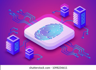 Biometrics blockchain technology vector illustration of digital fingerprint security for cryptocurrency concept. Data communication server and secure access scanner on purple ultraviolet background