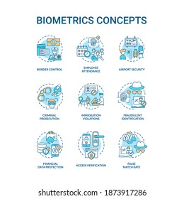 Biometrics concept icons set. People recognition. Data security. Future identification technologies idea thin line RGB color illustrations. Vector isolated outline drawings. Editable stroke