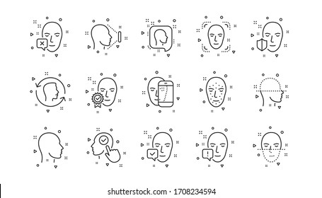 Detección biométrica, identificación facial y escaneo. Iconos de línea reconocer cara. Juego de iconos lineales de identificación. Elementos geométricos. Señales de calidad. Vector