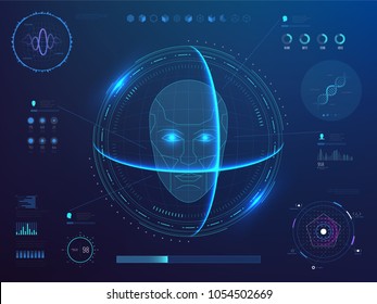 Biometrics digital face scanning, facial recognition software with hud interface, charts, diagram and dna detection data vector concept. Illustration of scan face system, sensor smart biometric