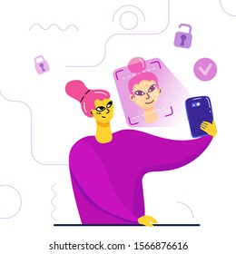 Biometrics face recognition concept. A woman holding the phone, using low polygonal facial scanner technology to have an access to some data. Vector illustration.