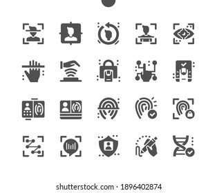 Biometrics. Fingerprint, voice identification. Person scanning. Biometric passport and documents. Human data protection. Face scan. Vector Solid Icons. Simple Pictogram