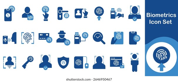 Biometrics icon set, closed, open, employee, passport, pass, check, badge, driver, document, privacy, encryption, key, identification, mobile, photo, print, user, recognition and more