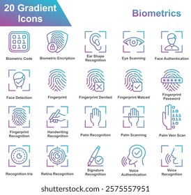 Biometrics Icon Set Collection. Containing Biometric Code, Encryption, Ear Shape Recognition, Eye Scanning, Face Authentication, Face Detection, Fingerprint. Simple Gradation Vector Illustration.