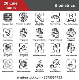 Biometrics Icon Set Collection. Containing Biometric Code, Biometric Encryption, Ear Shape Recognition, Eye Scanning, Face Authentication, Face Detection, Fingerprint. Simple Line Vector Illustration.