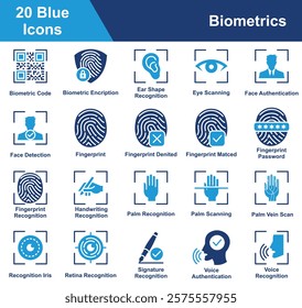Biometrics Icon Set Collection. Containing Biometric Code, Biometric Encryption, Ear Shape Recognition, Eye Scanning, Face Authentication, Face Detection, Fingerprint. Simple Blue Vector Illustration.