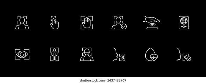 Biometrics icon set. Scanner of body, face, finger, retina, blood test. White line icon on black background. Vector line icon for business and advertising
