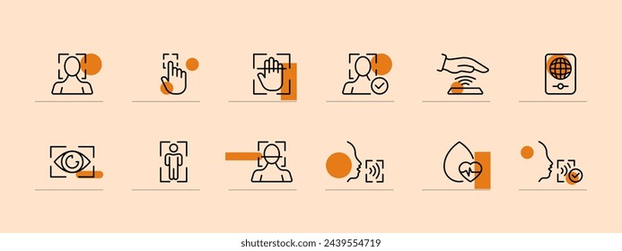 Biometrics icon set. Scanner of body, face, finger, retina, blood test. Pastel color background. Vector line icon for business and advertising