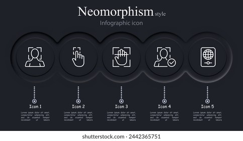 Biometrics icon set. Scanner, click, palm, fingerprint, confirmation. Neomorphism style. Vector line icon for business and advertising