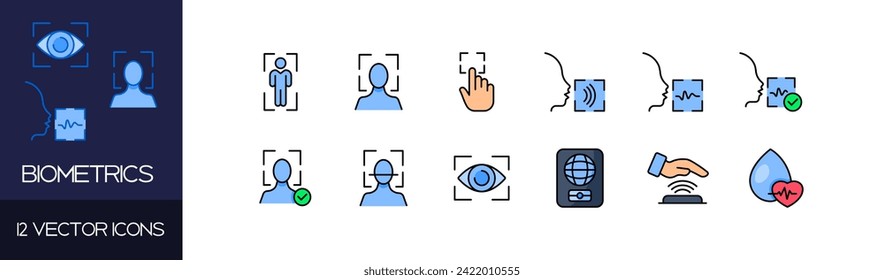 Iconos biométricos establecidos. Acceso biométrico. Estilo plano. Iconos del vector