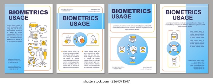 Biometrics integration blue brochure template. Identity technology. Leaflet design with linear icons. Editable 4 vector layouts for presentation, annual reports. Arial, Myriad Pro-Regular fonts used