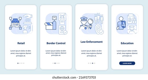 Biometrics integration light blue onboarding mobile app screen. Walkthrough 4 steps editable graphic instructions with linear concepts. UI, UX, GUI template. Myriad Pro-Bold, Regular fonts used