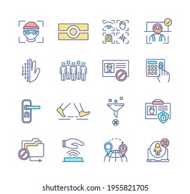 Biometrics RGB color icons set. Scanning eye, facial shape, fingerprint. Strengthening security. Terrorist identification. Identity fraud. Unauthorized access prevention. Isolated vector illustrations