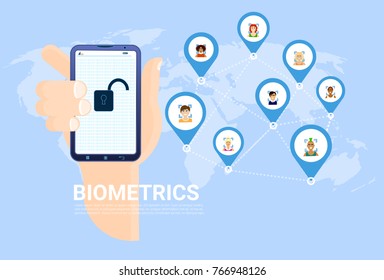 Biometrics Scanning Concept Hand Hold Smart Phone Over World Map With Users Background Facial Recognition System Vector Illustration