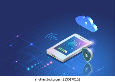 Biometrics security, fingerprint scanning sccess to cloud computing on smart phone. Innovation security in digital online technology concept.