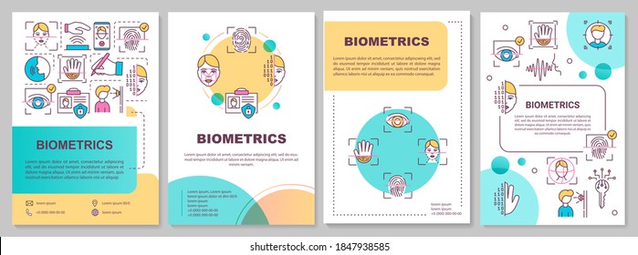 Biometrics security system brochure template. Face recognition. Flyer, booklet, leaflet print, cover design with linear icons. Vector layouts for magazines, annual reports, advertising posters