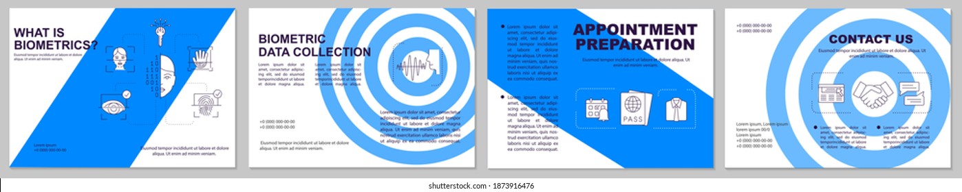 Biometrics security system brochure template. Data collection. Flyer, booklet, leaflet print, cover design with linear icons. Vector layouts for magazines, annual reports, advertising posters