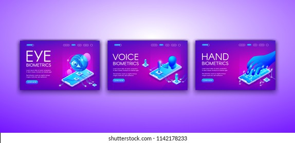 Biometrics technology vector illustration of eye, voice and hand recognition for identity authentication. Retina scanner, sound and touch identification technology on purple ultraviolet background