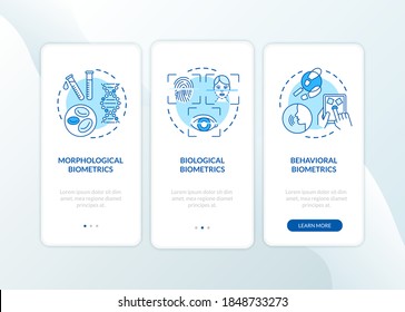 Biometrics types onboarding mobile app page screen with concepts. Kinds of personality identification walkthrough 3 steps graphic instructions. UI vector template with RGB color illustrations