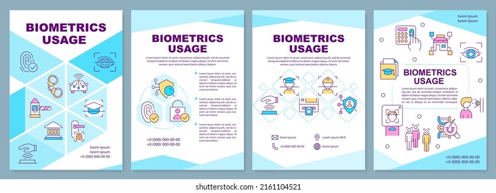 Biometrics usage blue brochure template. Identity technology. Leaflet design with linear icons. Editable 4 vector layouts for presentation, annual reports. Arial-Black, Myriad Pro-Regular fonts used
