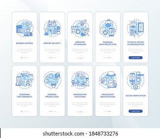 Biometrics usage onboarding mobile app page screen with concepts set. Identification systems walkthrough 10 steps graphic instructions. UI vector template with RGB color illustrations