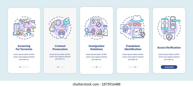 Biometrische Nutzung auf dem mobilen App-Bildschirm mit Konzepten. Digitale Sicherheitsinnovationen Durchlaufen 5-stufige grafische Anleitungen. UI-Vektorvorlage mit RGB-Farbillustrationen