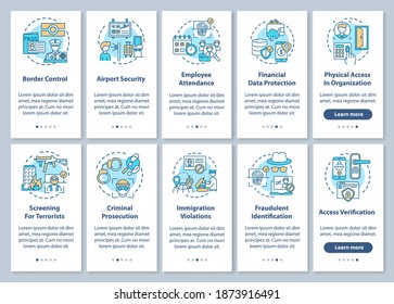 Uso biométrico a bordo de la pantalla de la aplicación móvil con conceptos definidos. Camino para usar tecnologías futuras, 10 pasos de instrucciones gráficas. plantilla de vector de interfaz de usuario con ilustraciones de color RGB