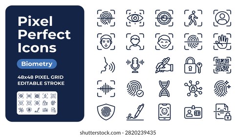 Biometry Icon Set – Pixel Perfect Editable Stroke Line Art Vector Collection of Fingerprint, Face ID, Eye Scan, Voice, and Security Symbols for Access Control and Technology Design.