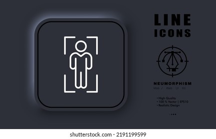 Biometry set icon. Scan, frame, scanner, man, person, personal data, DNA, face recognition, ID confirmation, recognize. Privacy concept. Neomorphism. Vector line icon for Business and Advertising.