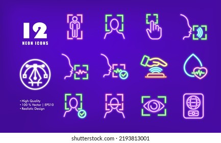 Biometry set icon. Scan, unlock, face id, voice recognition, hand, eye, pulse, scanner, iris, international passport, fingerprint, input, recognize. Privacy concept. Neon glow style. Vector line icon.