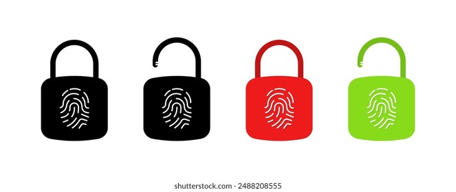 Biometry set icons. Padlock icons. Silhouette and flat styles. Vector icons.